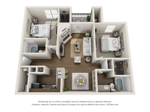 B1, 2 br, 2 ba, 960 sq. ft., Fireplace Option