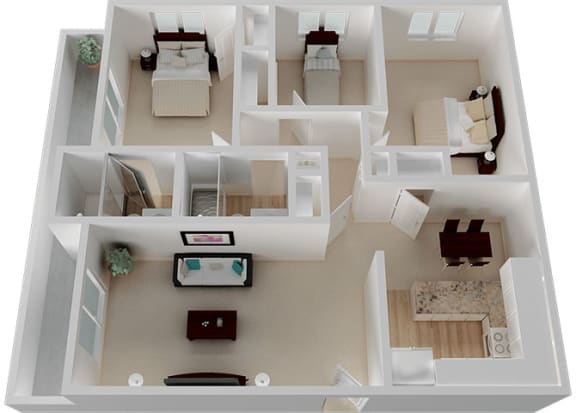 Three Bed Two Bathroom Floor Plan with 1195 Sq. Ft. at Oak Pointe, California, 94538
