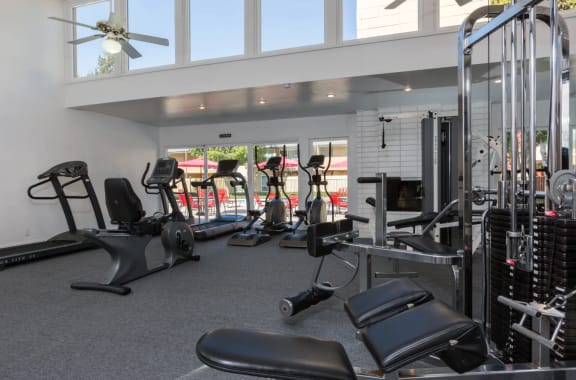 Fitness Center with Pool View at Carriage House Apartments in California, 94536
