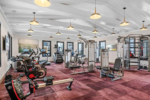 Modern Fitness Center Interior at 198 Milltown Apartments, Burlington, 27215