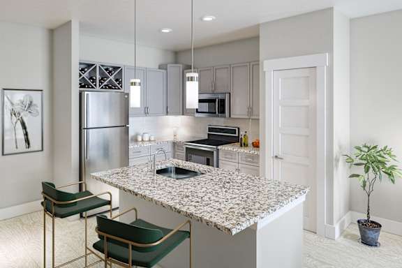A modern kitchen with a granite countertop and green barstools.at 198 Milltown Apartments, North Carolina, 27215