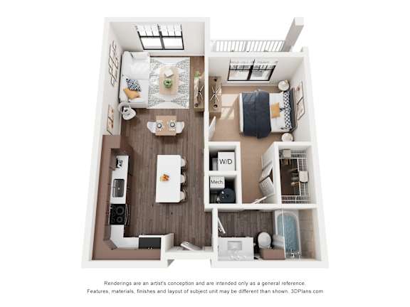 A floor plan of a small apartment with a kitchen, living room, and bedroom.