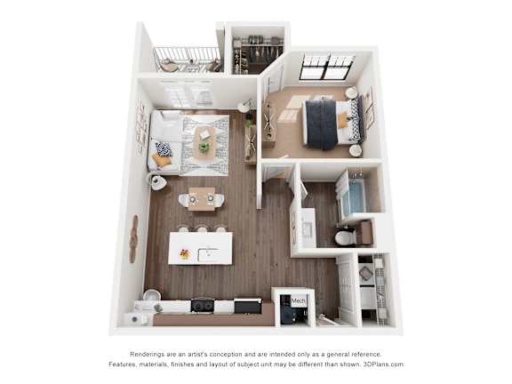 A 3D floor plan of a small apartment with a kitchen, living room, and bedroom.