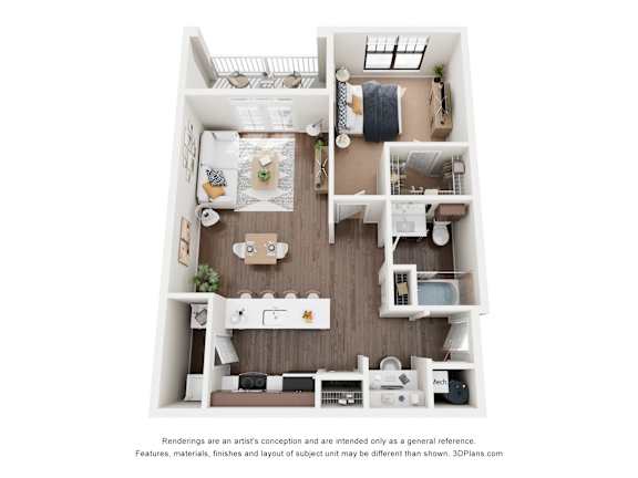Floor Plan  A 3D floor plan of a small apartment with a kitchen, living room, and bedroom.
