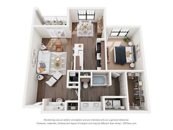 A 3D floor plan of a house with a kitchen, living room, and bathroom.