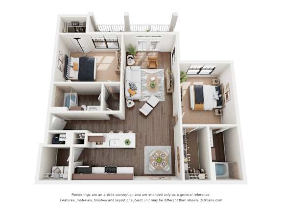 A 3D floor plan of a two-bedroom apartment with a living room, kitchen, and bathroom.