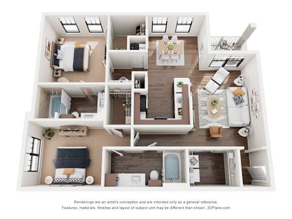 A 3D floor plan of a house with a kitchen, living room, and bedrooms.