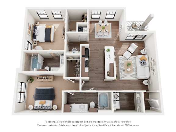 A 3D floor plan of a house with a kitchen, living room, and two bedrooms.