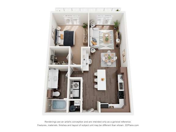 A 3D floor plan of a small apartment with a kitchen, living room, and bedroom.