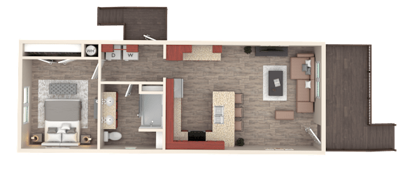 A floor plan of a house with a kitchen, living room, and a bedroom.