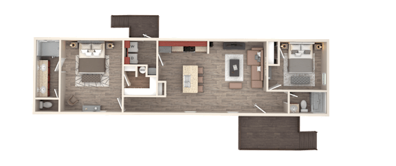 A floor plan of a house with a kitchen, living room, dining room, and two bedrooms.