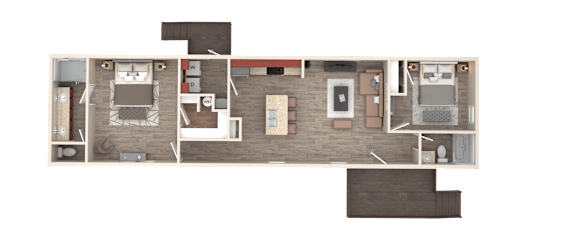 A floor plan of a house with a kitchen, living room, dining room, and two bedrooms.