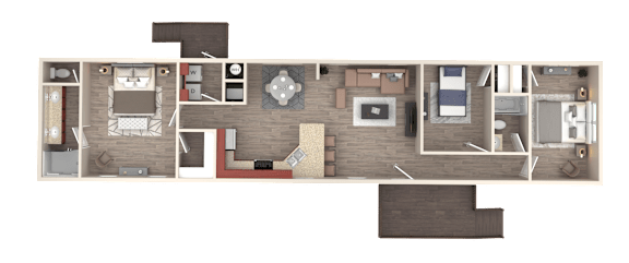 A floor plan of a house with a kitchen, living room, dining room, and bedrooms.