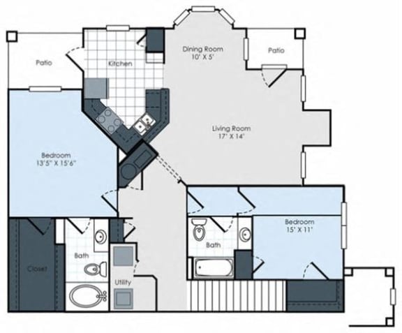 Two Bed Two Bath Floor Plan at Waterford Place Apartments, Memphis, Tennessee