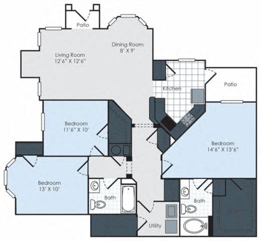 3 Bed 2 Bath Floor Plan at Waterford Place Apartments, Memphis