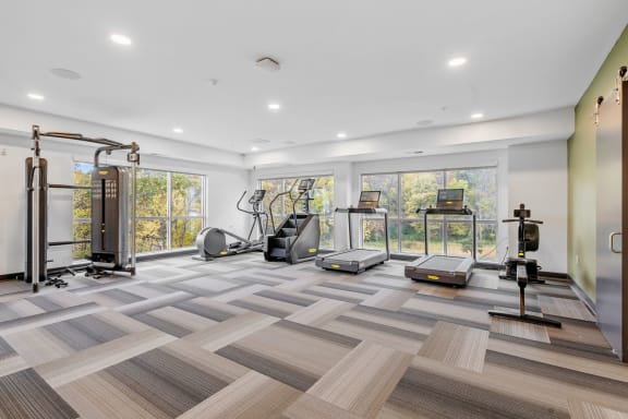 a gym with treadmills and weights on a checkered floor at The Aurilla Apartments in Cottage Grove MN at The Aurilla, Cottage Grove