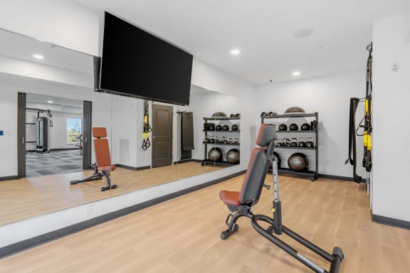 a home gym with a tv and exercise equipment on a wooden floor at The Aurilla, Cottage Grove, MN