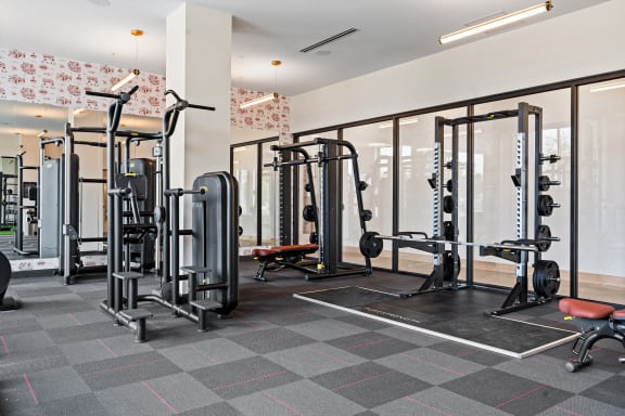 a gym with weights and other exercise equipment in a building with glass walls