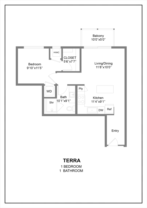 A one bedroom 2D floor plan at The Hallon luxury apartments in Hopkins, MN.