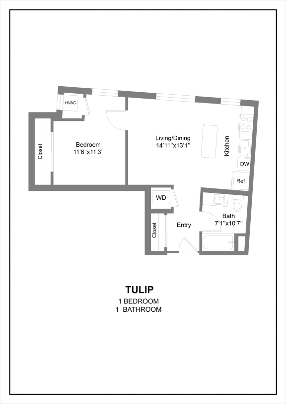 A one bedroom 2D floor plan at The Hallon luxury apartments in Hopkins, MN.