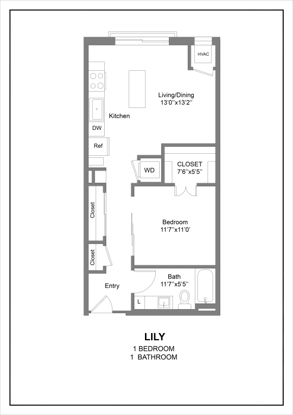 A one bedroom 2D floor plan at The Hallon luxury apartments in Hopkins, MN.