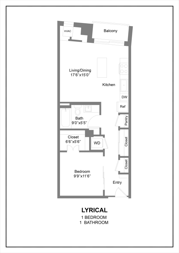 A one bedroom 2D floor plan at The Hallon luxury apartments in Hopkins, MN.