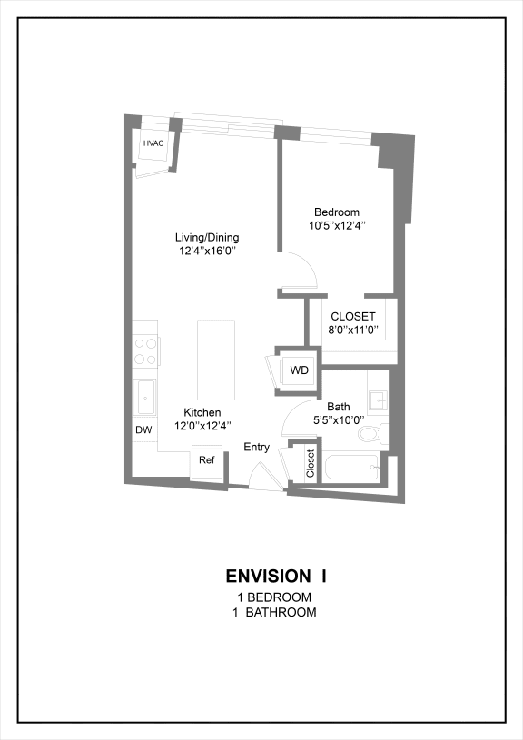 a one 2D bedroom floor plan at The Hallon luxury apartments in Hopkins, MN.