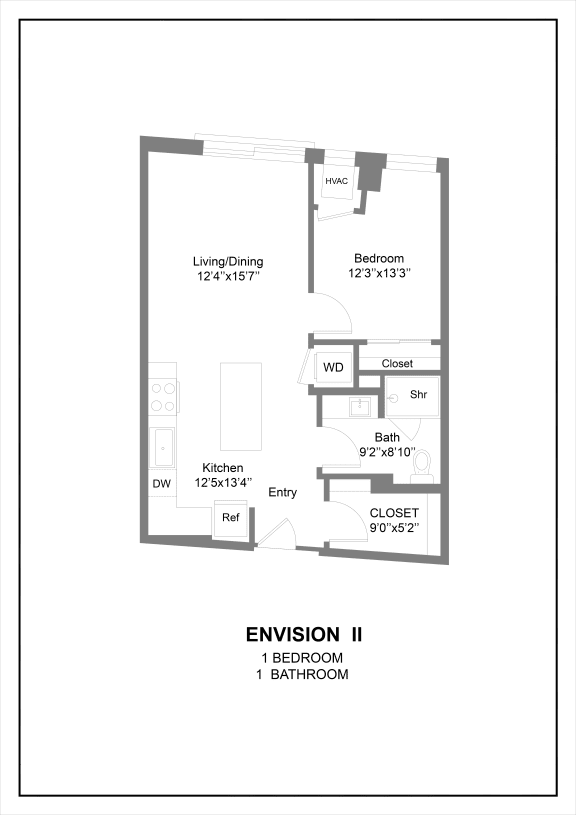 A one bedroom 2D floor plan at The Hallon luxury apartments in Hopkins, MN.