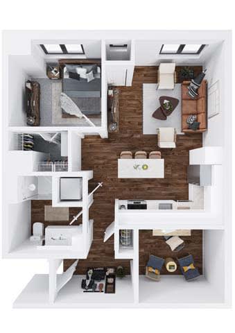 Willamette 1 bedroom 1 bathroom floor plan at The Hallon Apartments, Hopkins