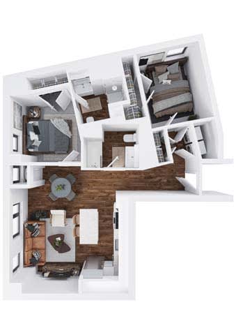 Amity 2 bed 2 bathroom floor plan at The Hallon Apartments, Hopkins, 55343