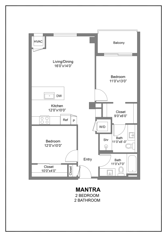 a two bedroom 2D floor plan at The Hallon luxury apartments in Hopkins, MN.