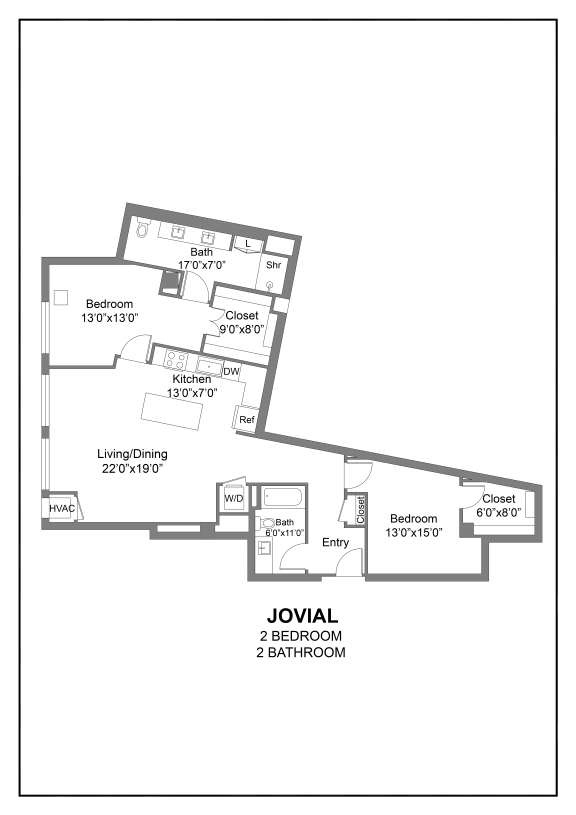 A two bedroom floor plan at The Hallon luxury apartments in Hopkins, MN.