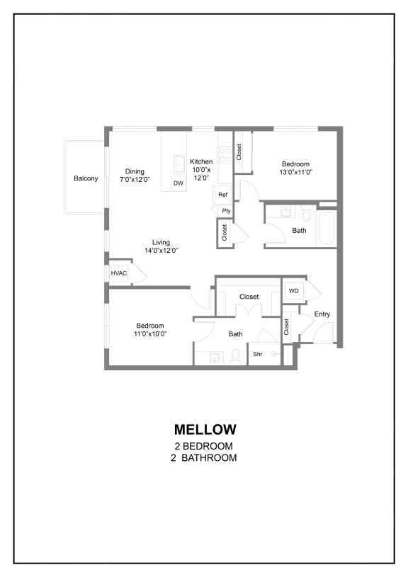 a two bedroom floor plan at The Hallon luxury apartments in Hopkins, MN.