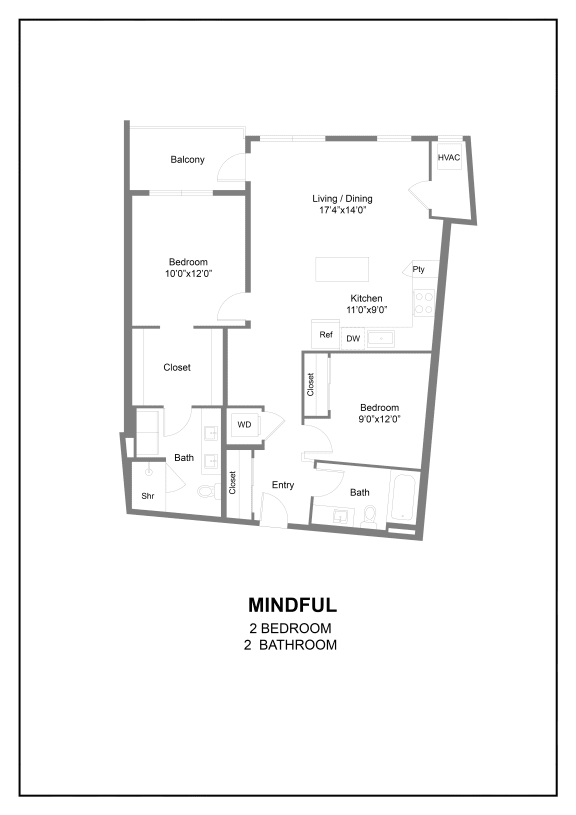 a two bedroom 2D floor plan at The Hallon luxury apartments in Hopkins, MN.
