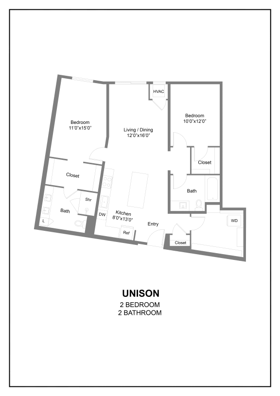 a two bedroom 2D floor plan at The Hallon luxury apartments in Hopkins, MN.