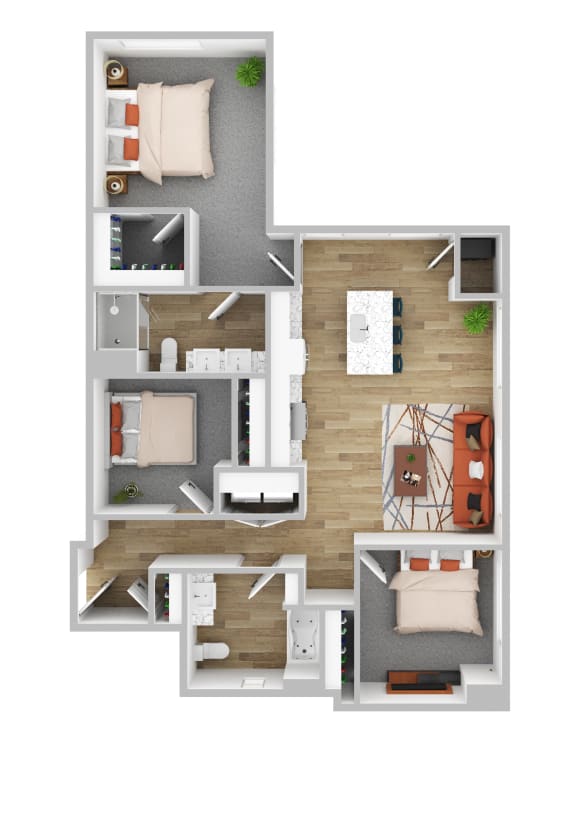 Floor Plan  a three bedroom floor plan at The Hallon luxury apartments in Hopkins, MN.
