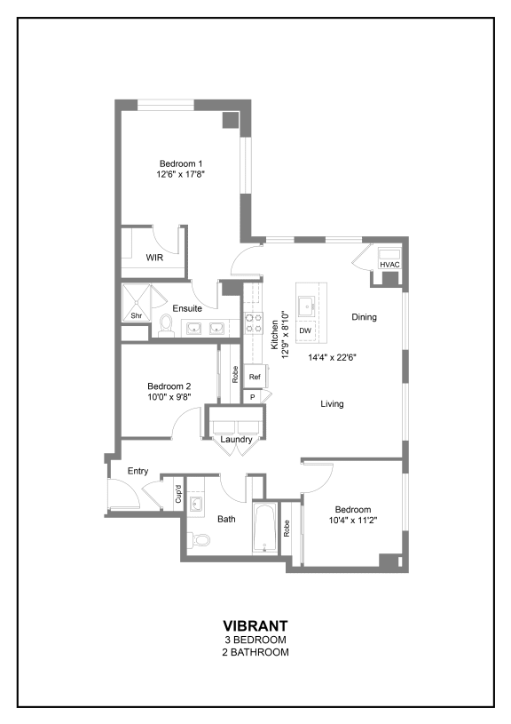 a three bedroom 2D floor plan at The Hallon luxury apartments in Hopkins, MN.