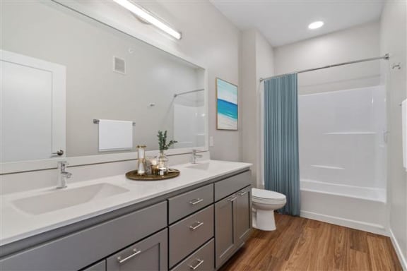 a bathroom with two sinks and a toilet