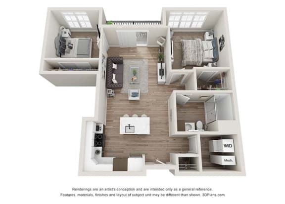 2 bedroom 1 bathroom  B1 Floor Plan (Mirror)at Velo Village Apartments, Franklin, WI