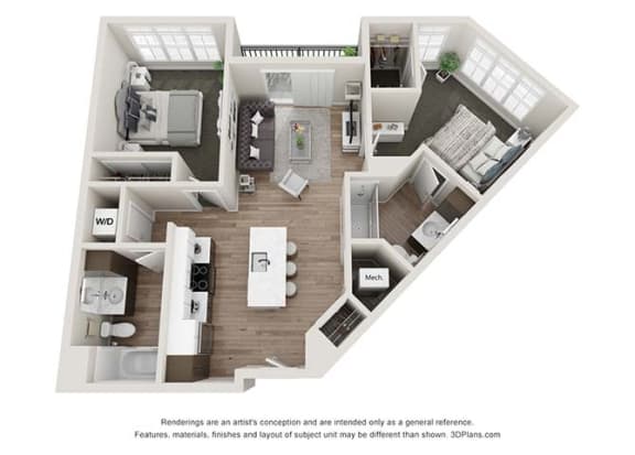 2 bedroom 2 bathroom B3 Floor Plan at Velo Village Apartments, Wisconsin, 53132