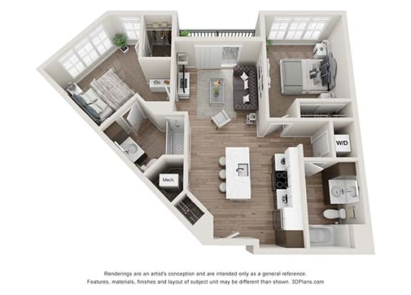 2 bedroom 2 bathroom B3 Floor Plan (Mirror) at Velo Village Apartments, Wisconsin