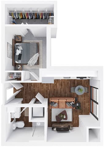 a floor plan of a one bedroom apartment with a living room and dining room