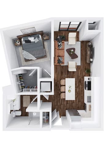 a 3d rendering of our 1 bedroom apartment at the residences at silver hill in suitland