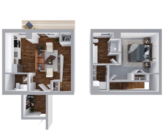 a bedroom with a bed and a chair in a room