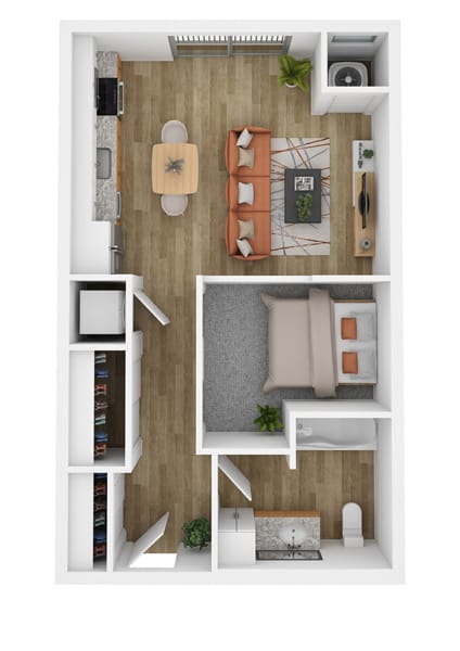 a 1 bedroom floor plan with a bedroom and a living room