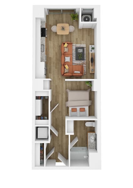 a stylized floor plan with a bedroom and a living room