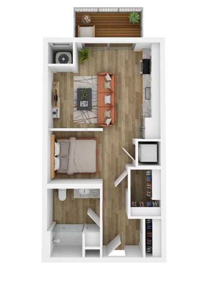 a stylized floor plan with a bedroom and a living room