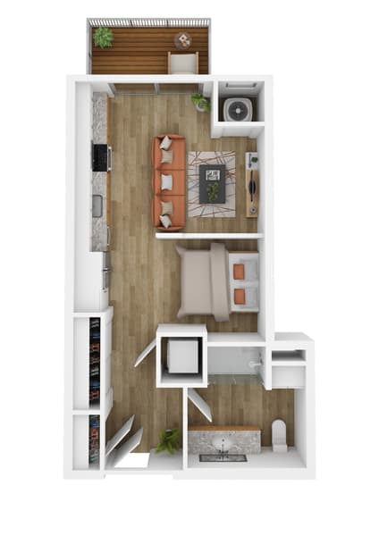 a stylized floor plan with a bedroom and a living room
