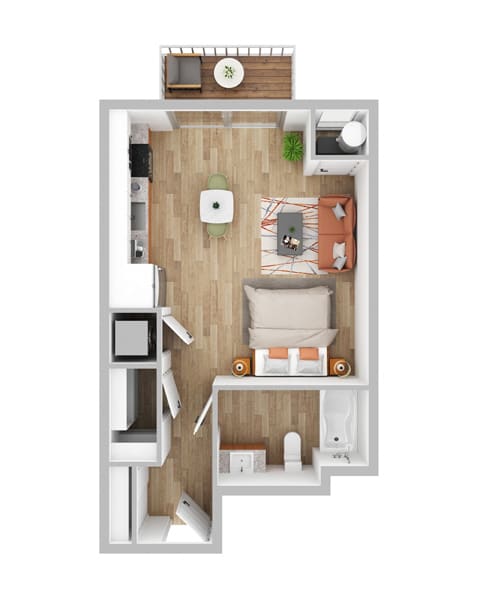bedroom floor plan and overview of the interior of a 1 bedroom apartment