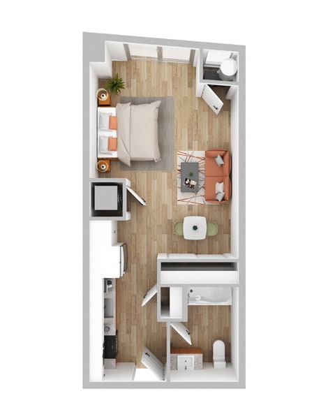 bedroom floor plan and furniture layout of a 1 bedroom apartment